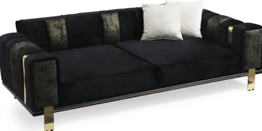 Casa Padrino Luxus Wohnzimmer Sofa mit verstellbarer Rückenlehne Schwarz / Gold 223 x 93 x H. 76 cm - Wohnzimmer Möbel - Luxus Möbel