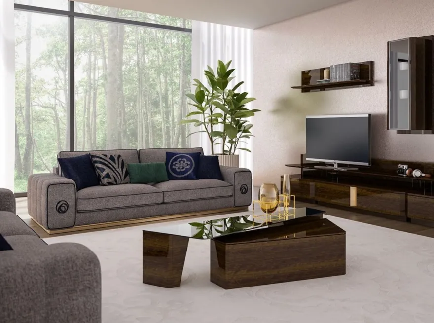 Casa Padrino Luxus Wohnzimmer Set Grau / Braun - 2 Sofas & 2 Sessel & 1 Couchtisch Set - Edle Wohnzimmermöbel - Luxus Möbel