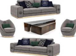 Casa Padrino Luxus Wohnzimmer Set Grau / Braun - 2 Sofas & 2 Sessel & 1 Couchtisch Set - Edle Wohnzimmermöbel - Luxus Möbel