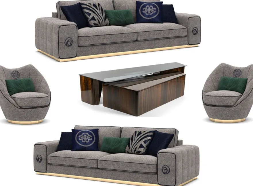 Casa Padrino Luxus Wohnzimmer Set Grau / Braun - 2 Sofas & 2 Sessel & 1 Couchtisch Set - Edle Wohnzimmermöbel - Luxus Möbel