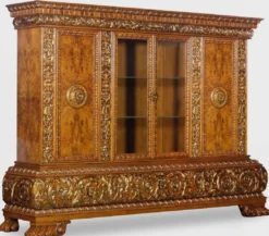 Casa Padrino Luxus Wohnzimmerschrank mit LED Beleuchtung Braun / Gold 268 x 58 x H. 189 cm - Massivholz Schrank - Luxus Möbel - Luxus Einrichtung - Wohnzimmer Einrichtung - Luxus Qualität