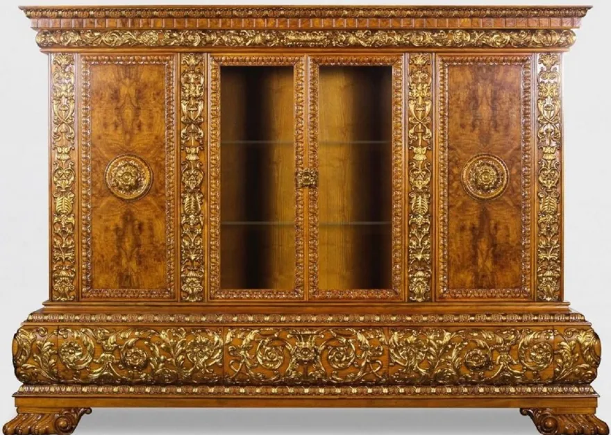 Casa Padrino Luxus Wohnzimmerschrank mit LED Beleuchtung Braun / Gold 268 x 58 x H. 189 cm - Massivholz Schrank - Luxus Möbel - Luxus Einrichtung - Wohnzimmer Einrichtung - Luxus Qualität