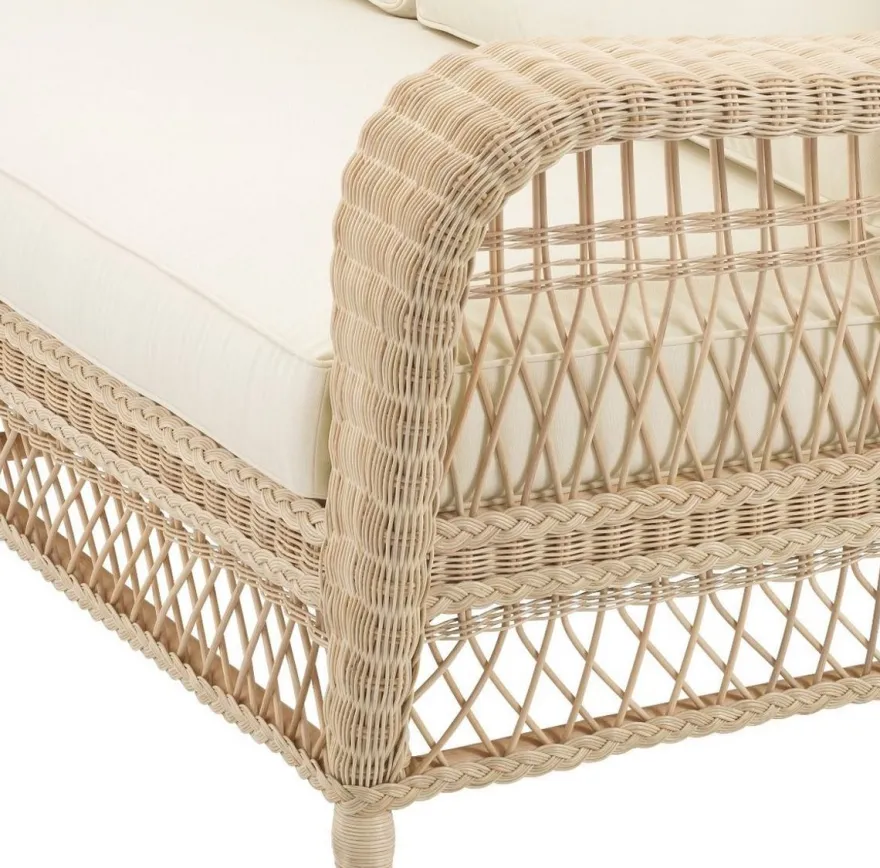 Casa Padrino Luxus Wohnzimmer Sofa mit Kissen Naturfarben / Cremefarben 202 x 99 x H. 97 cm - Gepolsterte Couch mit handgewebtem Rattangeflecht