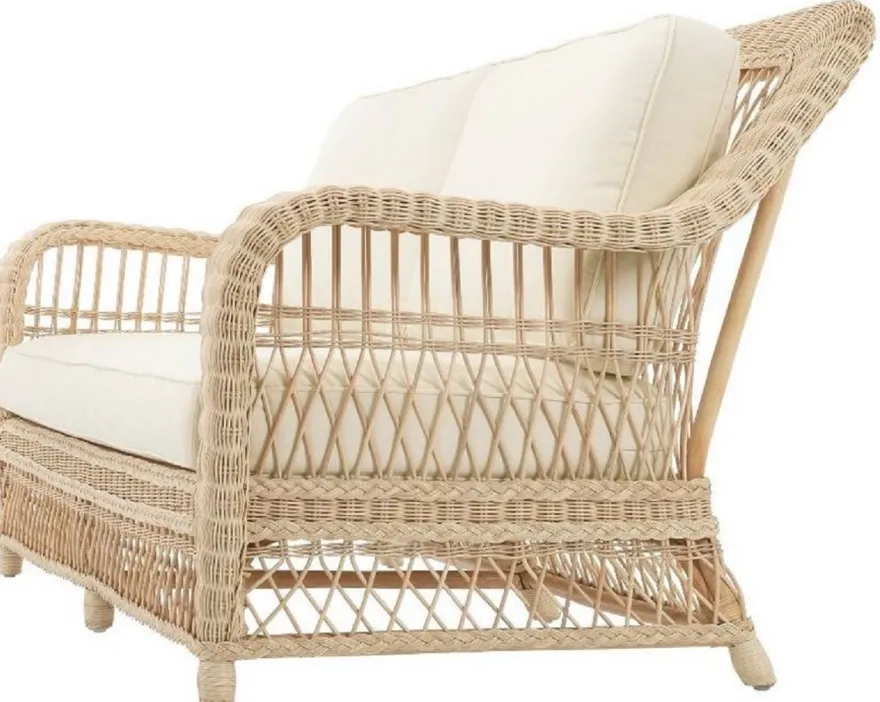 Casa Padrino Luxus Wohnzimmer Sofa mit Kissen Naturfarben / Cremefarben 202 x 99 x H. 97 cm - Gepolsterte Couch mit handgewebtem Rattangeflecht