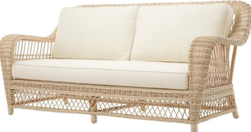 Casa Padrino Luxus Wohnzimmer Sofa mit Kissen Naturfarben / Cremefarben 202 x 99 x H. 97 cm - Gepolsterte Couch mit handgewebtem Rattangeflecht