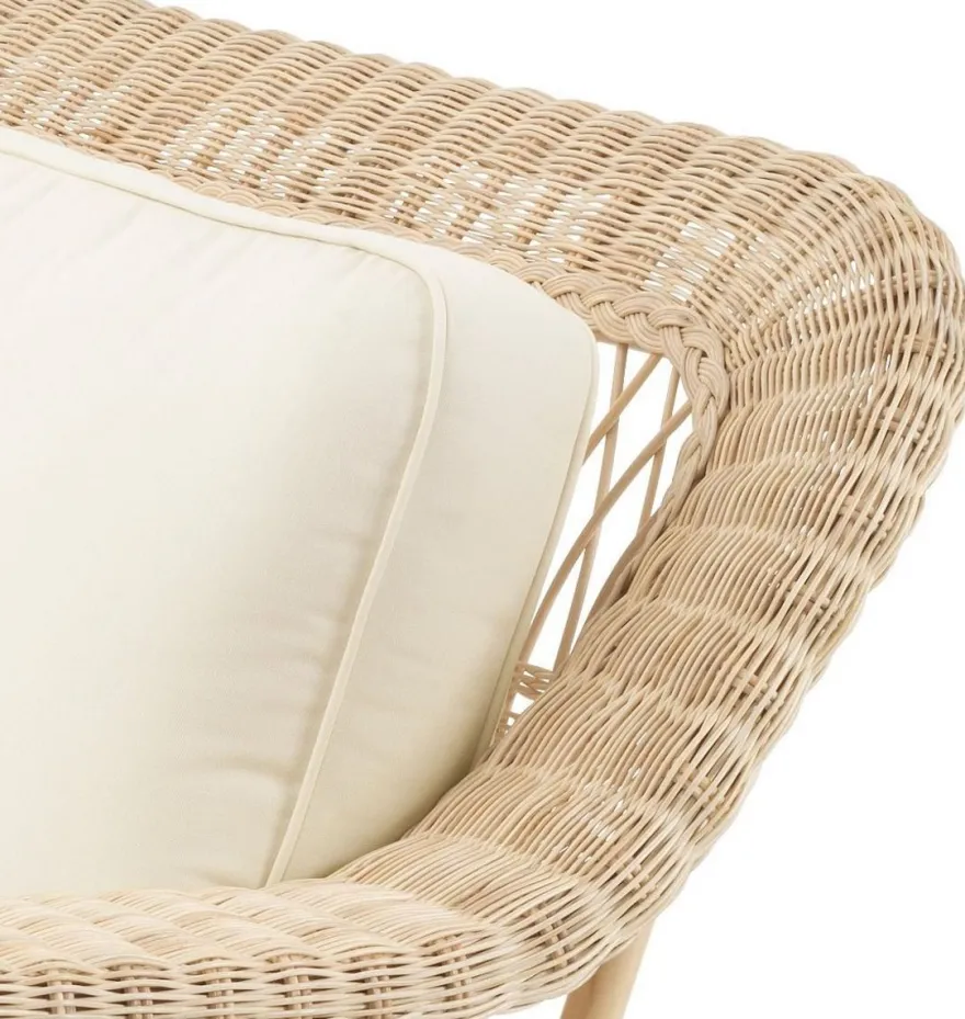 Casa Padrino Luxus Wohnzimmer Sofa mit Kissen Naturfarben / Cremefarben 202 x 99 x H. 97 cm - Gepolsterte Couch mit handgewebtem Rattangeflecht