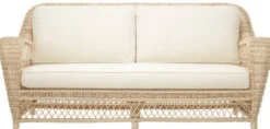 Casa Padrino Luxus Wohnzimmer Sofa mit Kissen Naturfarben / Cremefarben 202 x 99 x H. 97 cm - Gepolsterte Couch mit handgewebtem Rattangeflecht