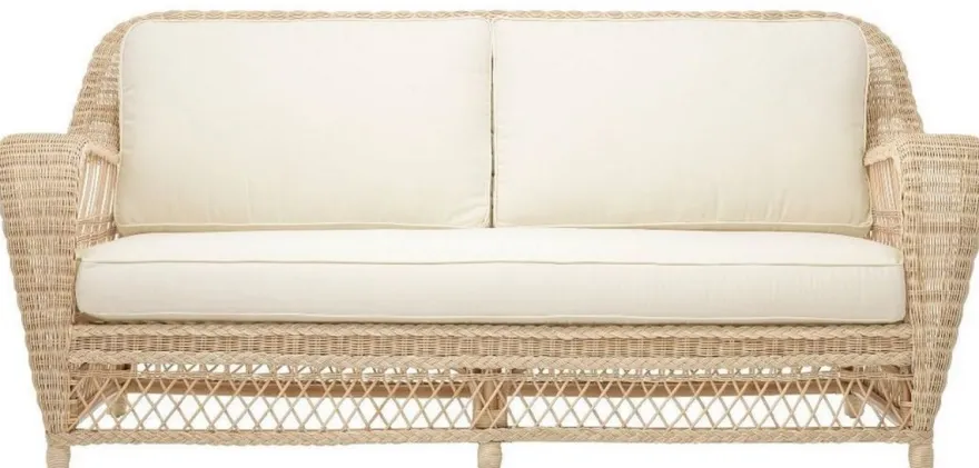 Casa Padrino Luxus Wohnzimmer Sofa mit Kissen Naturfarben / Cremefarben 202 x 99 x H. 97 cm - Gepolsterte Couch mit handgewebtem Rattangeflecht