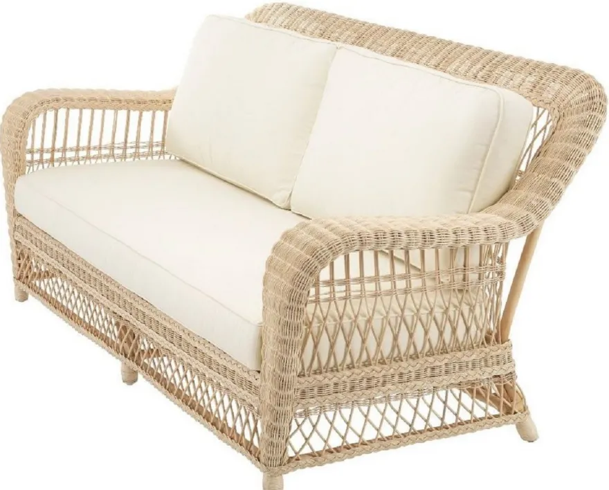Casa Padrino Luxus Wohnzimmer Sofa mit Kissen Naturfarben / Cremefarben 202 x 99 x H. 97 cm - Gepolsterte Couch mit handgewebtem Rattangeflecht