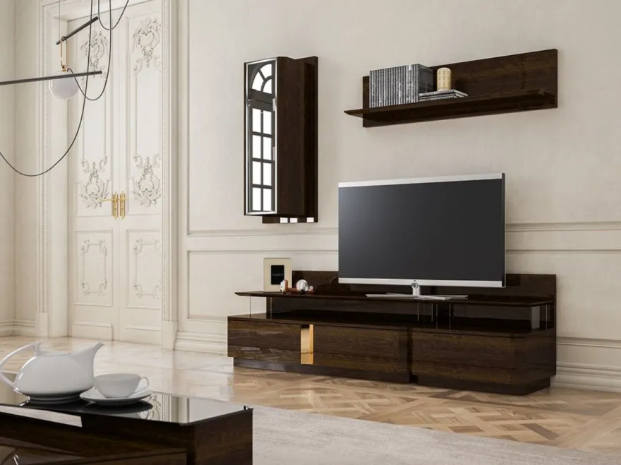 Casa Padrino Luxus Wohnzimmer TV Schrank Set Braun / Grau / Gold - 1 TV Schrank & 1 Hängeschrank & 1 Wandregal - Edles Wohnzimmer Möbel Set - Luxus Qualität