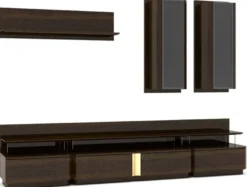 Casa Padrino Luxus Wohnzimmer TV Schrank Set Braun / Grau / Gold - 1 TV Schrank & 2 Hängeschränke & 1 Wandregal - Edles Wohnzimmer Möbel Set - Luxus Qualität