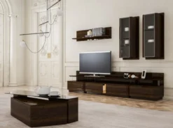 Casa Padrino Luxus Wohnzimmer TV Schrank Set Braun / Grau / Gold - 1 TV Schrank & 2 Hängeschränke & 1 Wandregal - Edles Wohnzimmer Möbel Set - Luxus Qualität
