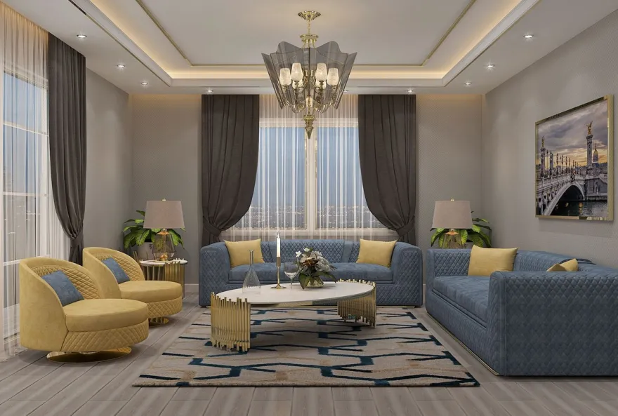 Casa Padrino Luxus Wohnzimmer & Hotel Sofa Blau / Gold 260 cm