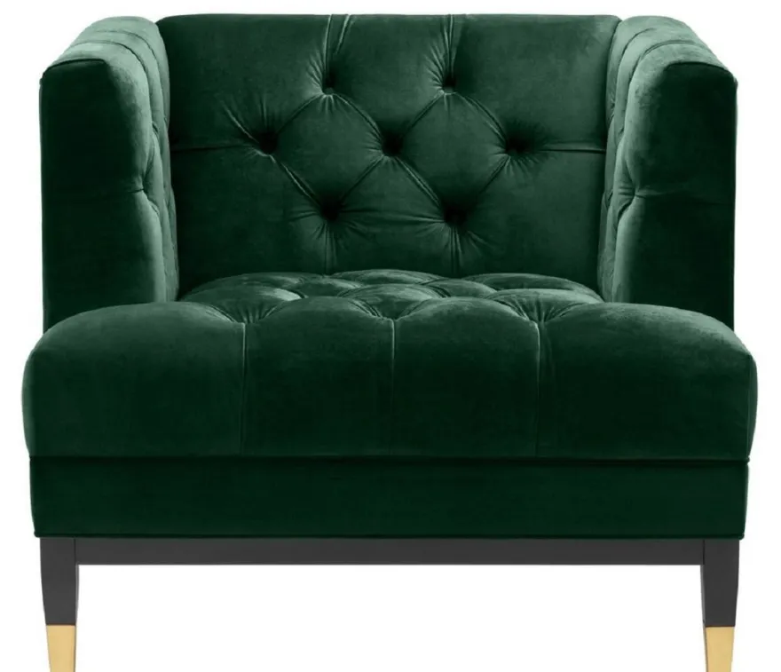 Casa Padrino Luxus Wohnzimmer Sessel Grün / Schwarz / Messingfarben 93 x 85 x H. 79 cm - Chesterfield Möbel
