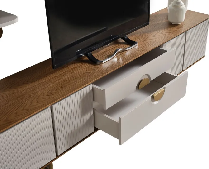 Casa Padrino Luxus Wohnzimmer TV Schrank Set Hellgrau / Braun / Messing - 1 TV Schrank & 1 Wandregal - Wohnzimmer Möbel - Massivholz Möbel - Luxus Möbel - Luxus Einrichtung