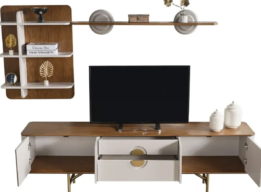 Casa Padrino Luxus Wohnzimmer TV Schrank Set Hellgrau / Braun / Messing - 1 TV Schrank & 1 Wandregal - Wohnzimmer Möbel - Massivholz Möbel - Luxus Möbel - Luxus Einrichtung