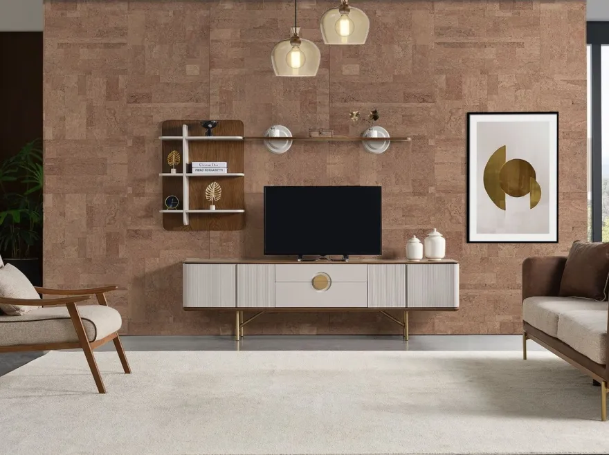 Casa Padrino Luxus Wohnzimmer TV Schrank Set Hellgrau / Braun / Messing - 1 TV Schrank & 1 Wandregal - Wohnzimmer Möbel - Massivholz Möbel - Luxus Möbel - Luxus Einrichtung