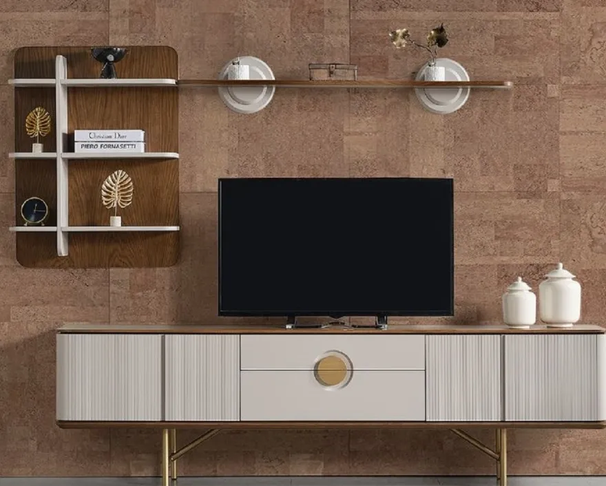 Casa Padrino Luxus Wohnzimmer TV Schrank Set Hellgrau / Braun / Messing - 1 TV Schrank & 1 Wandregal - Wohnzimmer Möbel - Massivholz Möbel - Luxus Möbel - Luxus Einrichtung