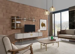 Casa Padrino Luxus Wohnzimmer TV Schrank Set Hellgrau / Braun / Messing - 1 TV Schrank & 1 Wandregal - Wohnzimmer Möbel - Massivholz Möbel - Luxus Möbel - Luxus Einrichtung