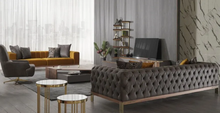 Casa Padrino Luxus Wohnzimmer TV Schrank Set Grau / Braun / Gold - 1 TV Schrank mit 4 Schubladen & 2 Wandregale - Wohnzimmer Möbel - Massivholz Möbel - Luxus Möbel - Luxus Einrichtung
