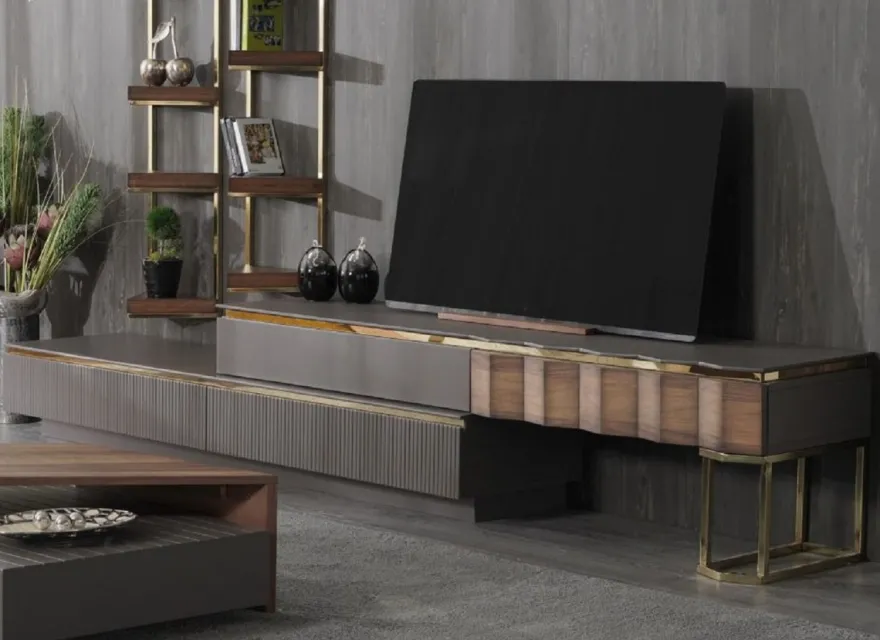 Casa Padrino Luxus Wohnzimmer TV Schrank Set Grau / Braun / Gold - 1 TV Schrank mit 4 Schubladen & 2 Wandregale - Wohnzimmer Möbel - Massivholz Möbel - Luxus Möbel - Luxus Einrichtung