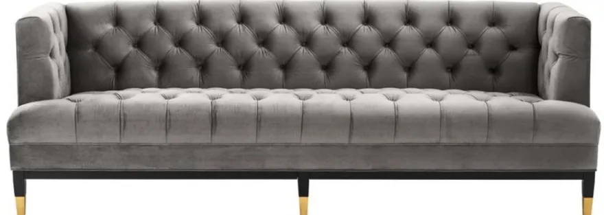 Casa Padrino Luxus Wohnzimmer Sofa Grau / Schwarz / Messingfarben 230 x 85 x H. 79 cm - Chesterfield Samtsofa