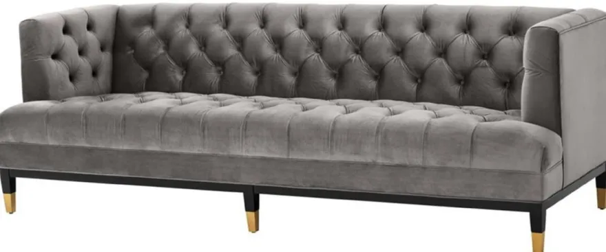 Casa Padrino Luxus Wohnzimmer Sofa Grau / Schwarz / Messingfarben 230 x 85 x H. 79 cm - Chesterfield Samtsofa