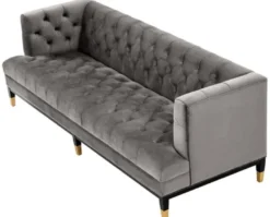 Casa Padrino Luxus Wohnzimmer Sofa Grau / Schwarz / Messingfarben 230 x 85 x H. 79 cm - Chesterfield Samtsofa