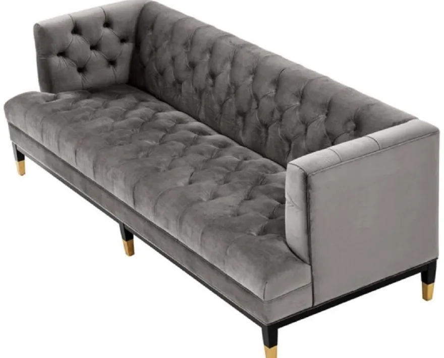 Casa Padrino Luxus Wohnzimmer Sofa Grau / Schwarz / Messingfarben 230 x 85 x H. 79 cm - Chesterfield Samtsofa