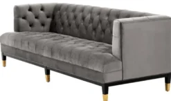 Casa Padrino Luxus Wohnzimmer Sofa Grau / Schwarz / Messingfarben 230 x 85 x H. 79 cm - Chesterfield Samtsofa