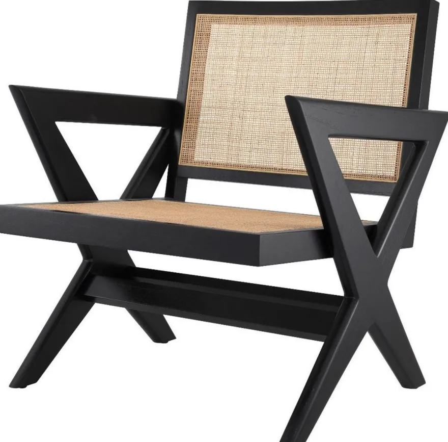Casa Padrino Luxus Wohnzimmer Sessel Schwarz / Naturfarben 75 x 74 x H. 88 cm - Massivholz Sessel mit Rattangeflecht - Luxus Möbel