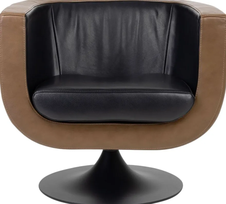 Casa Padrino Luxus Wohnzimmer Echtleder Drehsessel Schwarz / Braun 75 x 70 x H. 66,5 cm - Luxus Möbel