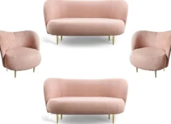 Casa Padrino Luxus Wohnzimmer Set Rosa / Gold - 2 Luxus Sofas mit gebogener Rückenlehne & 2 Luxus Sessel mit gebogener Rückenlehne - Luxus Einrichtung - Wohnzimmer Möbel - Luxus Möbel