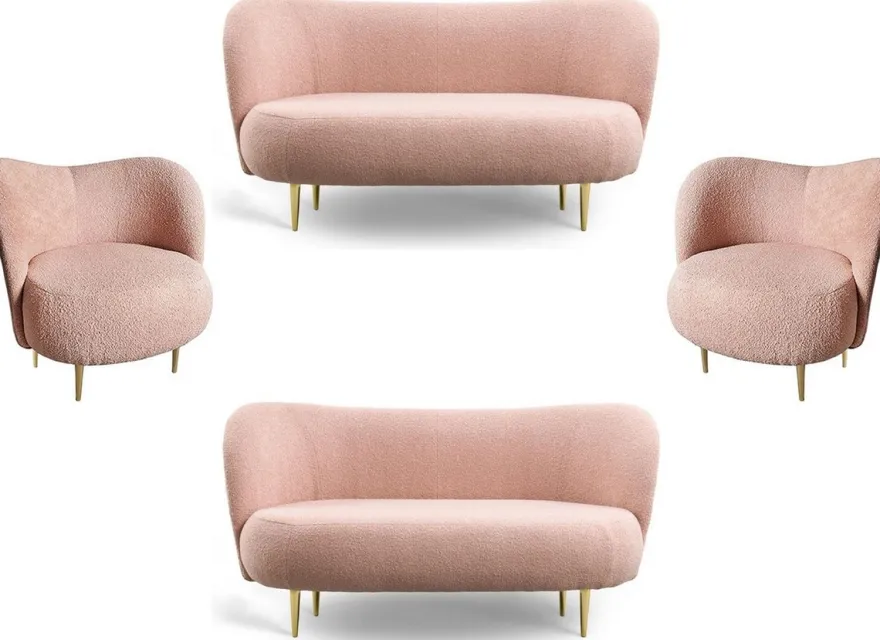 Casa Padrino Luxus Wohnzimmer Set Rosa / Gold - 2 Luxus Sofas mit gebogener Rückenlehne & 2 Luxus Sessel mit gebogener Rückenlehne - Luxus Einrichtung - Wohnzimmer Möbel - Luxus Möbel