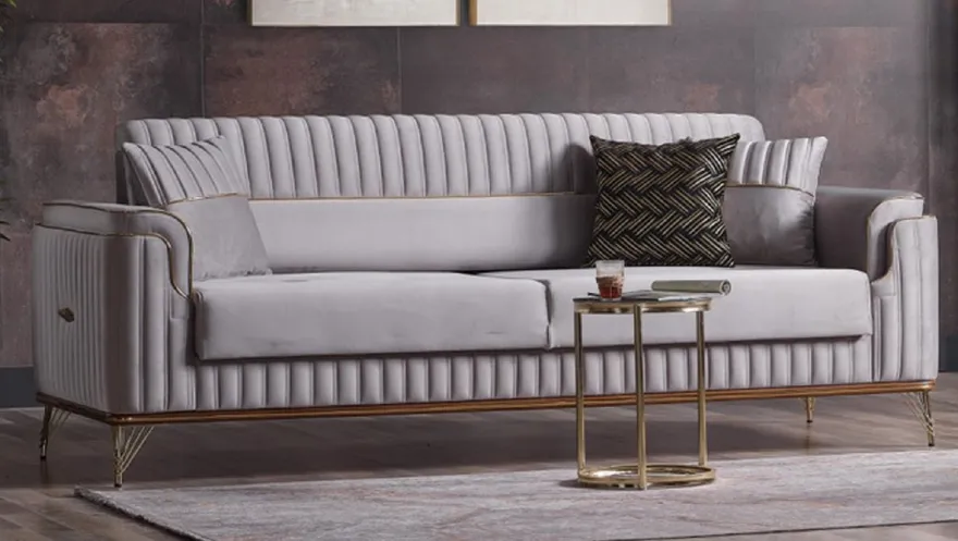 Casa Padrino Luxus Wohnzimmer Sofa mit Schlaffunktion Grau / Gold 225 cm - Luxus Möbel