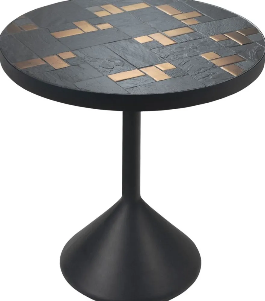 Casa Padrino Luxus Wohnzimmertisch Mehrfarbig / Schwarz Ø 50 x H. 53 cm - Runder Couchtisch mit Schieferplatten & Keramik Fliesen
