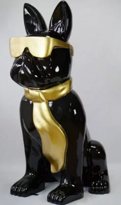 Casa Padrino Luxus XXL Deko Skulptur Hund Bulldogge mit Brille und Krawatte Schwarz / Gold H. 196 cm - Riesige Garten Skulptur - Riesige Garten Figur - XXL Deko Skulpturen - XXL Deko Figuren