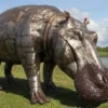 Casa Padrino Luxus XXL Garten Deko Skulptur Nilpferd Antik Silber 335 x 121 x H. 182 cm - Riesige XXL Garten Deko Metall Figur - Luxus Garten Deko Accessoires