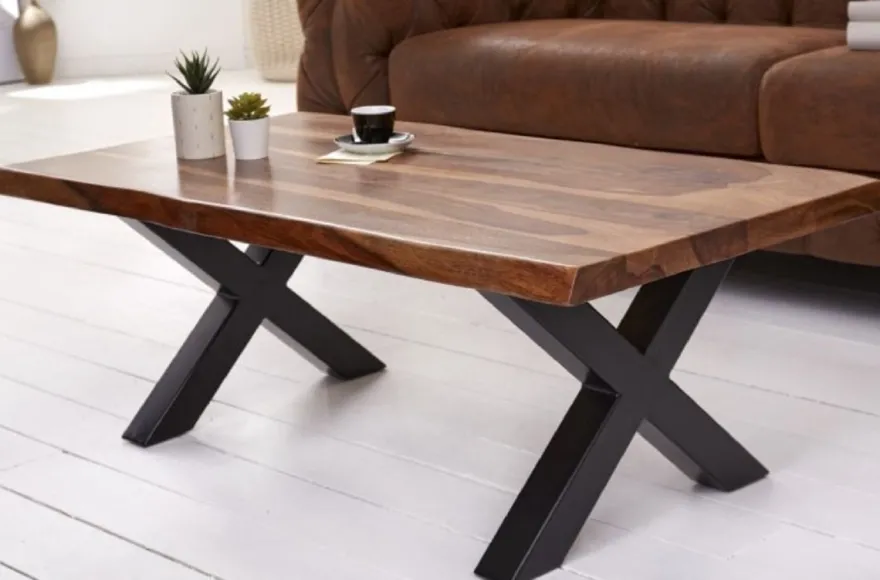 Casa Padrino Massivholz Couchtisch mit Metallbeinen Braun / Schwarz 110 x 60 x H. 40 cm - Rechteckiger Wohnzimmertisch im Industrie Look - Wohnzimmer Möbel