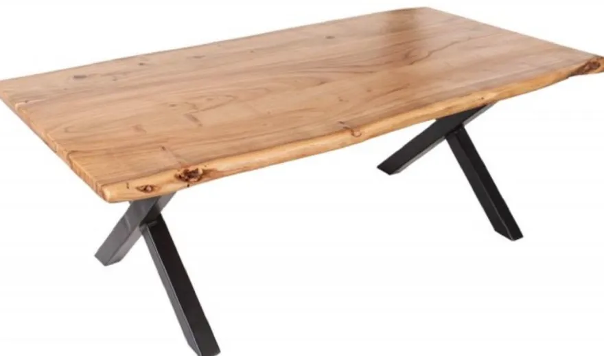Casa Padrino Massivholz Couchtisch mit Metallbeinen Naturfarben / Schwarz 118 x 60 x H. 40 cm - Rechteckiger Wohnzimmertisch - Massivholz Wohnzimmer Möbel