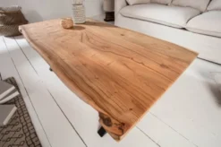 Casa Padrino Massivholz Couchtisch mit Metallbeinen Naturfarben / Schwarz 118 x 60 x H. 40 cm - Rechteckiger Wohnzimmertisch - Massivholz Wohnzimmer Möbel