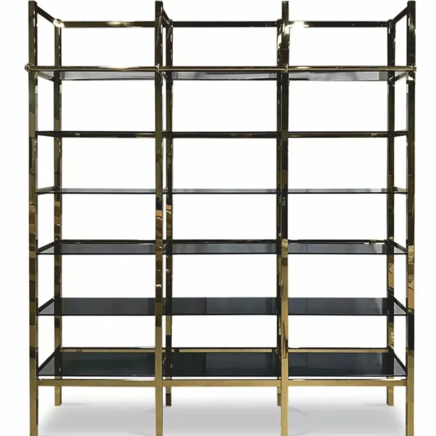 Casa Padrino Metall Regalschrank mit Leiter Gold / Schwarz 245 x 45 x H. 223 cm