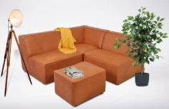 Casa Padrino Modulares Luxus Kunstleder Ecksofa mit Hocker Braun