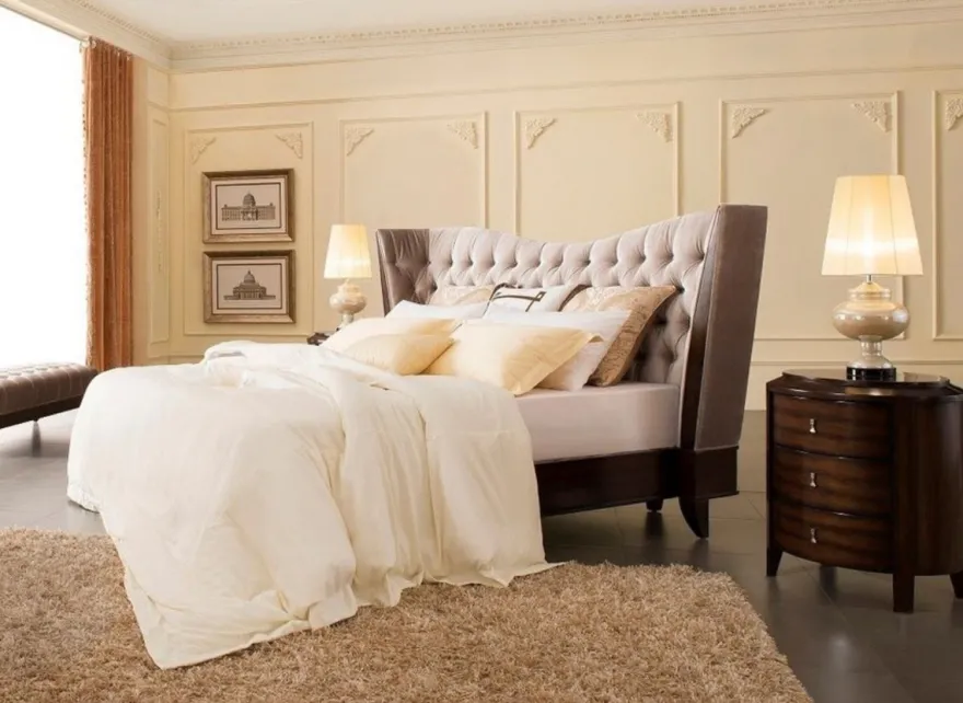 Casa Padrino Neoklassisches Doppelbett Grau / Dunkelbraun 240 x 230 x H. 134 cm - Massivholz Bett mit Kopfteil und edlem Velourstoff - Schlafzimmer Möbel im Neoklassischem Stil