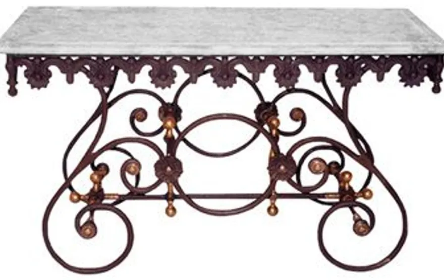 Casa Padrino Nostalgie Gartentisch aus Schmiedeeisen mit weißer Marmorplatte - 135 cm x 55 cm x H70 cm - Luxus Gartenmöbel
