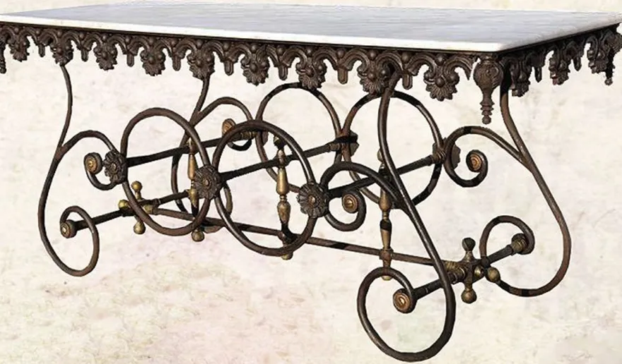 Casa Padrino Nostalgie Gartentisch aus Schmiedeeisen mit Marmorplatte - 175 cm x 65 cm x H75 cm - Luxus Gartenmöbel