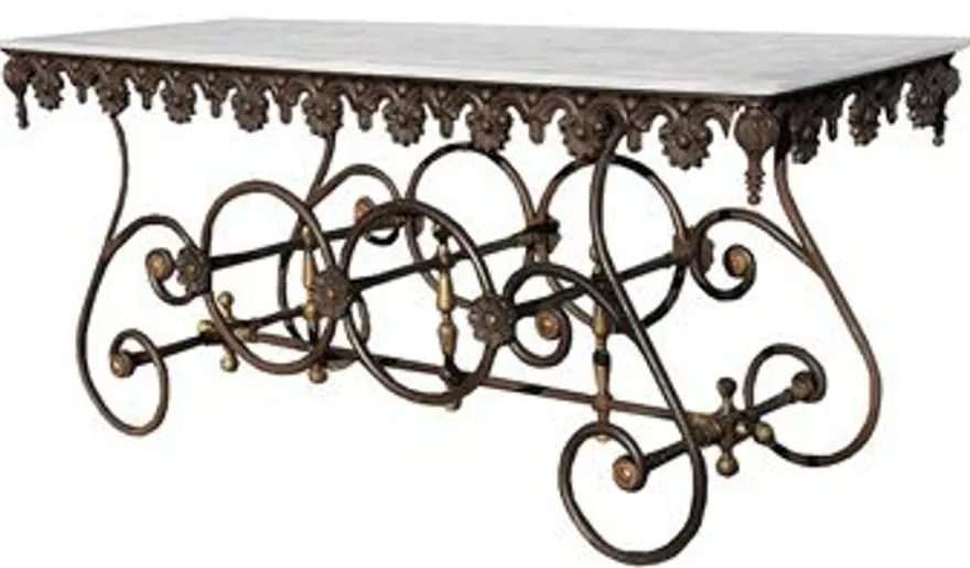Casa Padrino Nostalgie Gartentisch aus Schmiedeeisen mit Marmorplatte - 175 cm x 65 cm x H75 cm - Luxus Gartenmöbel