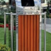 Casa Padrino Park Abfallbehälter Silber / Braun H. 90 cm - Stadt Abfalleimer - Edelstahl Mülleimer