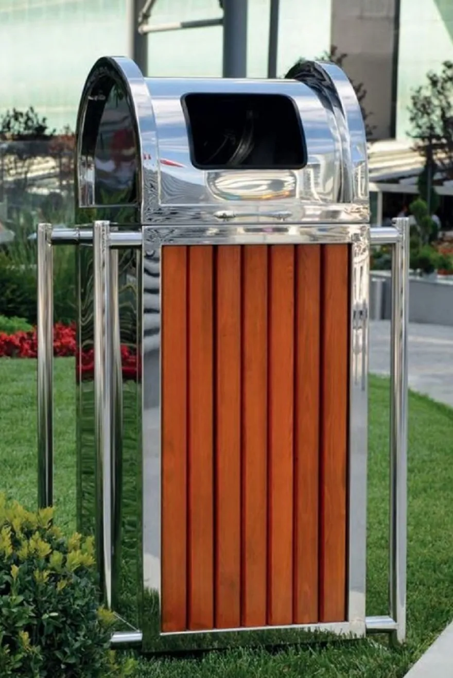 Casa Padrino Park Abfallbehälter Silber / Braun H. 90 cm - Stadt Abfalleimer - Edelstahl Mülleimer
