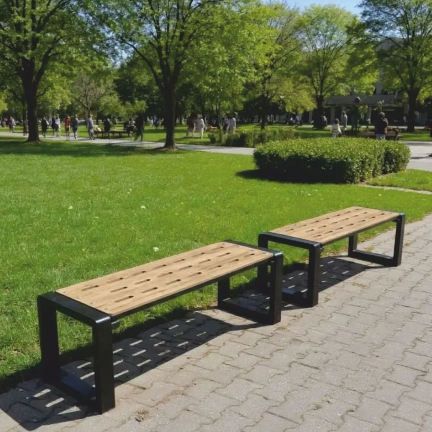 Casa Padrino Parkbank Naturfarben / Braun / Schwarz 192 cm - Stadtbank - Gartenbank - Outdoor Sitzbank - Outdoor Möbel - Stadt Möbel
